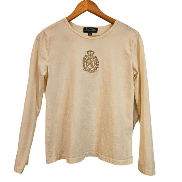 Lauren Active Ralph Lauren Long Sleeve Top Size LP Logo Gold Embroidered Ivory - Picture 2 of 9